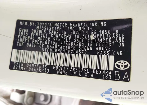 2015 Toyota Corolla Le z USA, uszkodzony, nr VIN 5YFBURHE1FP206573